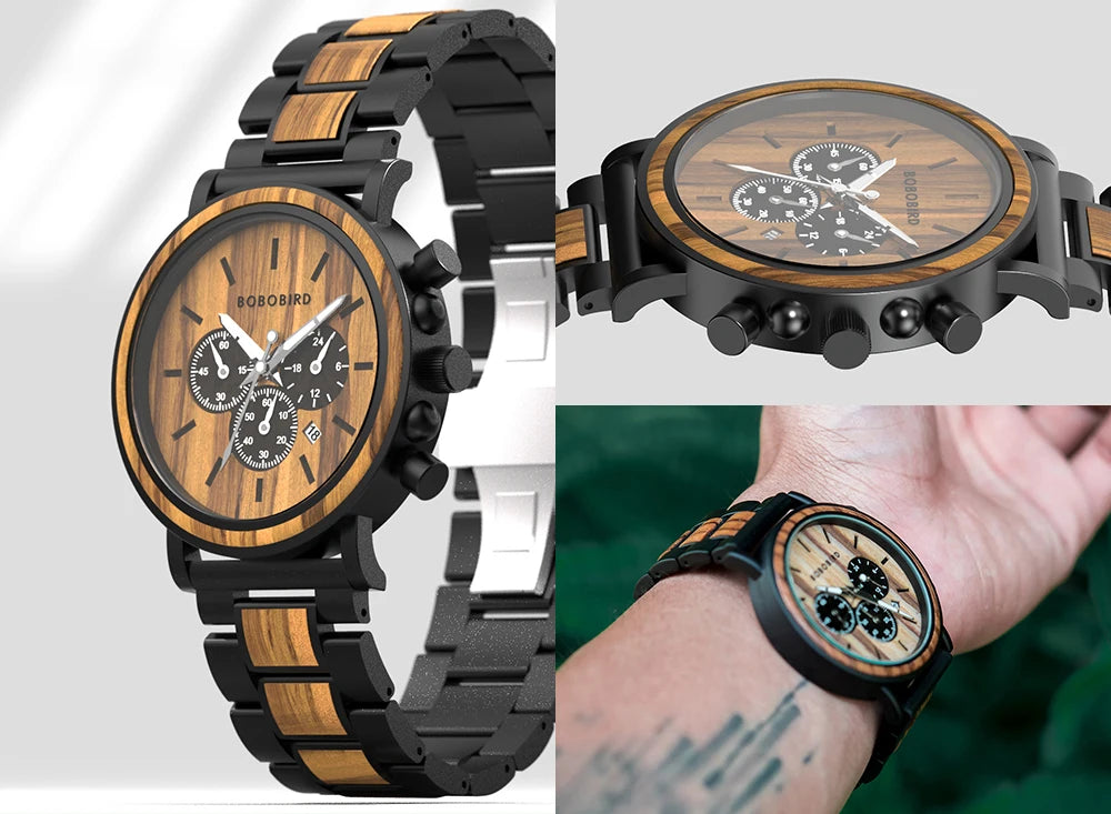 Bobobird relógio masculino de luxo, cronógrafo de quartzo, relógio de pulso personalizado, pulseira de metal e madeira, caixa de presente
