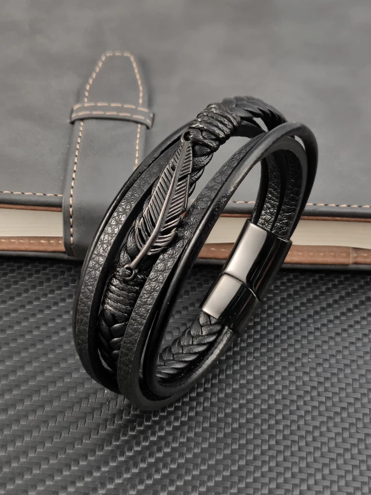Combinação de couro multicamadas acessórios de folha de bordo estilo simples pulseira de couro de aço inoxidável masculino presente clássico grande venda