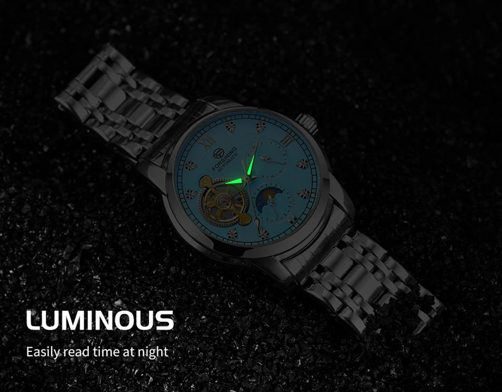 Forsining moda masculina luxo negócios pulseira de metal turbilhão luminoso relógio mecânico automático diamante artificial relógio de pulso