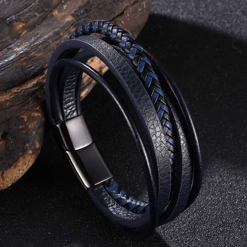 Moda pulseiras de couro vermelho masculino aço inoxidável multicamadas trançado corda pulseiras para mulheres pulseira jóias presentes sp1076