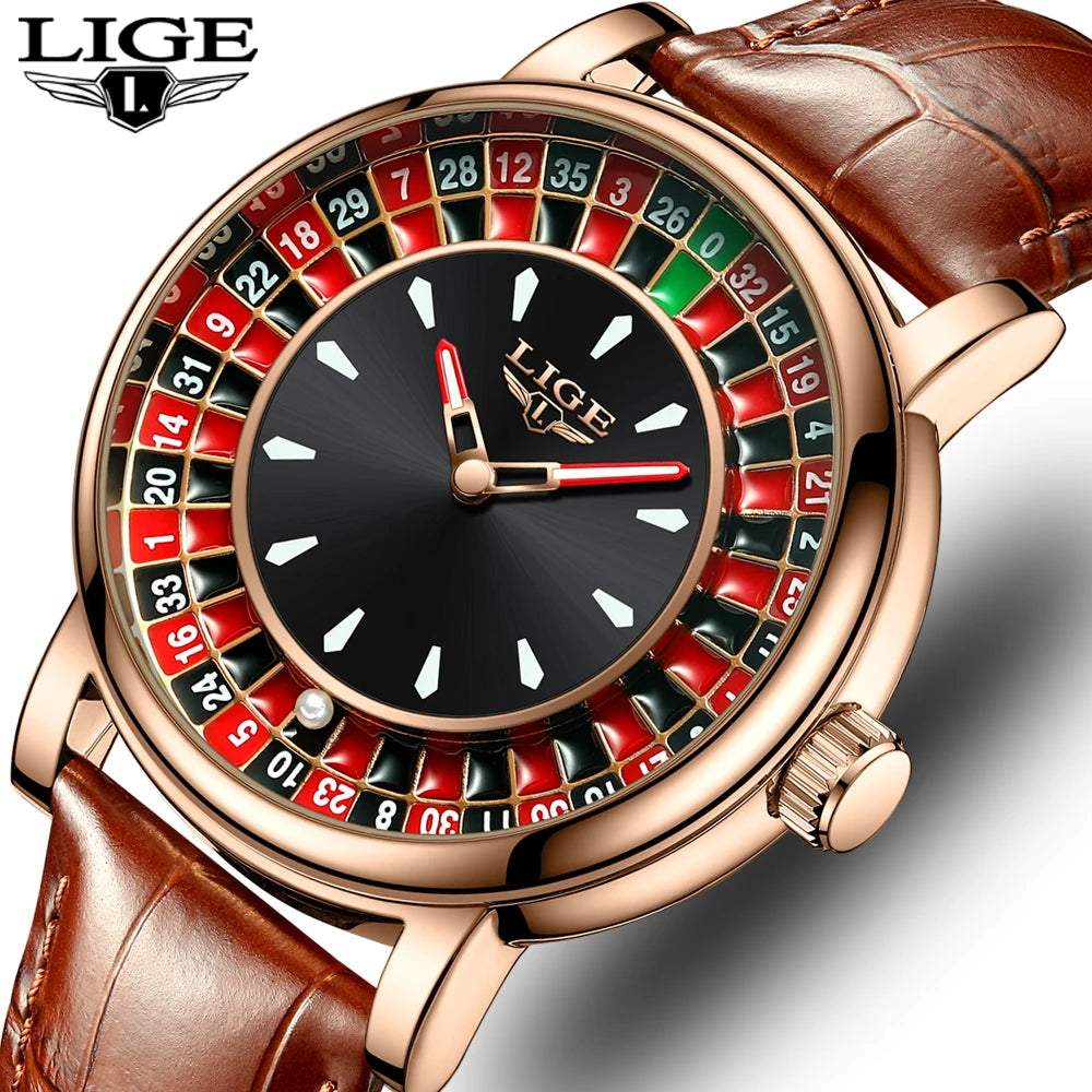 Lige moda couro marrom relógio masculino mostrador rotativo las vegas roleta tema de mesa relógio masculino à prova dwaterproof água relógios luminosos