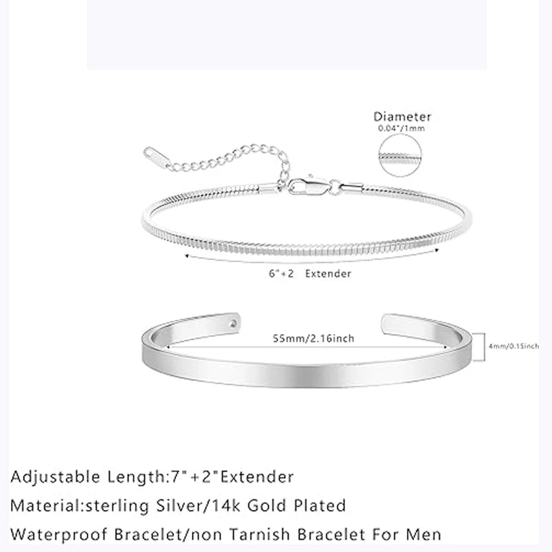 Pulseiras empilháveis para homens, prata esterlina 925/banhado a ouro 14k conjuntos de pulseiras delicadas com caixa de pulseiras cubanas