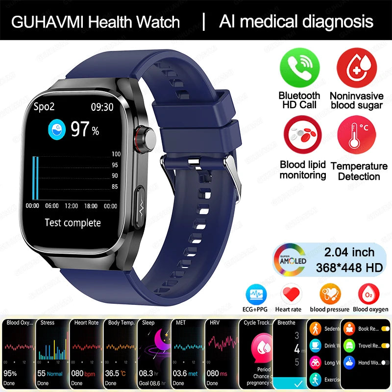 2024 novo grau médico ácido úrico gordura no sangue smartwatch ecg glicose no sangue freqüência cardíaca pressão arterial monitoramento de saúde relógio inteligente