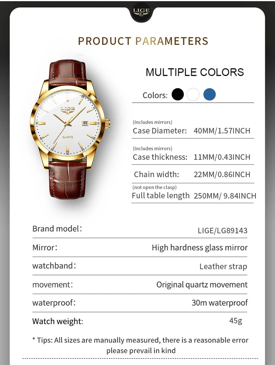 Lige moda relógio de couro marrom masculino militar esportes quartzo relógios de pulso casual à prova dwaterproof água cronógrafo relogios masculino