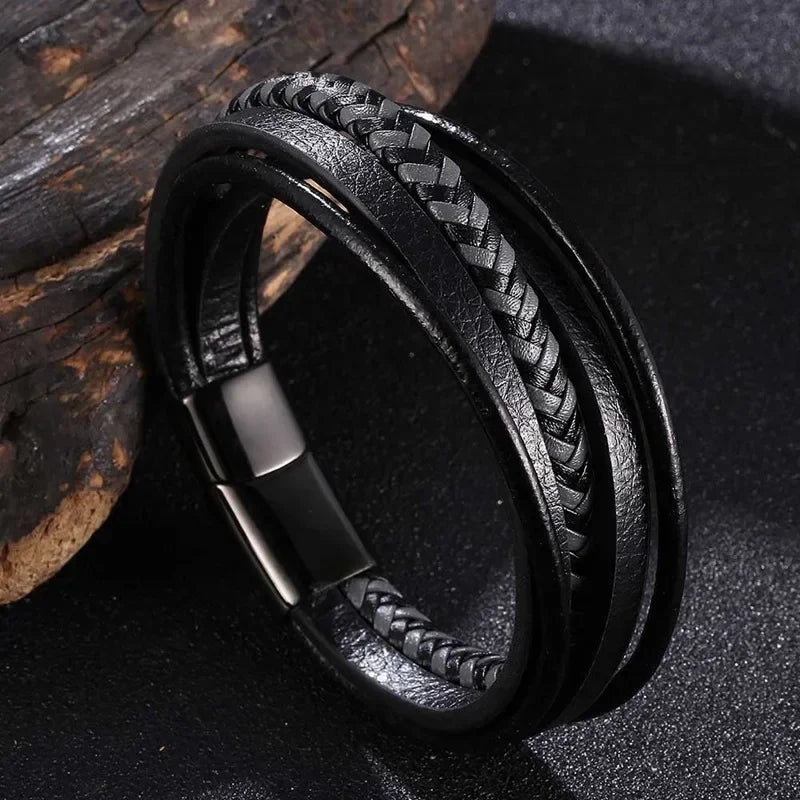 Moda pulseiras de couro vermelho masculino aço inoxidável multicamadas trançado corda pulseiras para mulheres pulseira jóias presentes sp1076