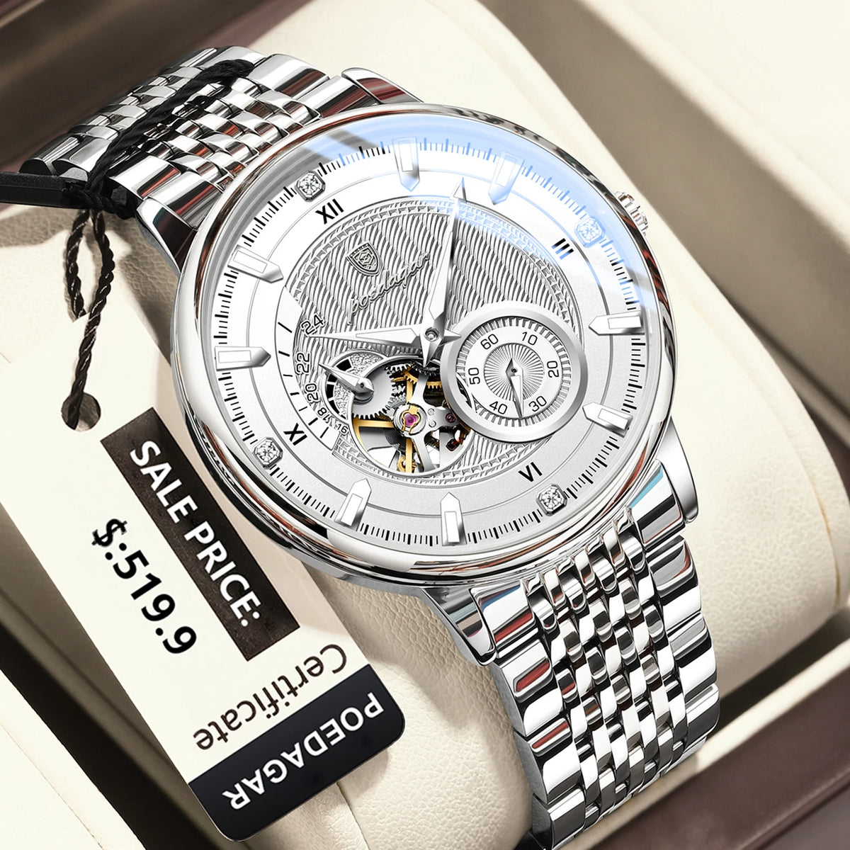 Poedagar topo de luxo relógio masculino luminoso oco tourbillon automático homem relógio de pulso mecânico aço inoxidável relógios masculinos reloj