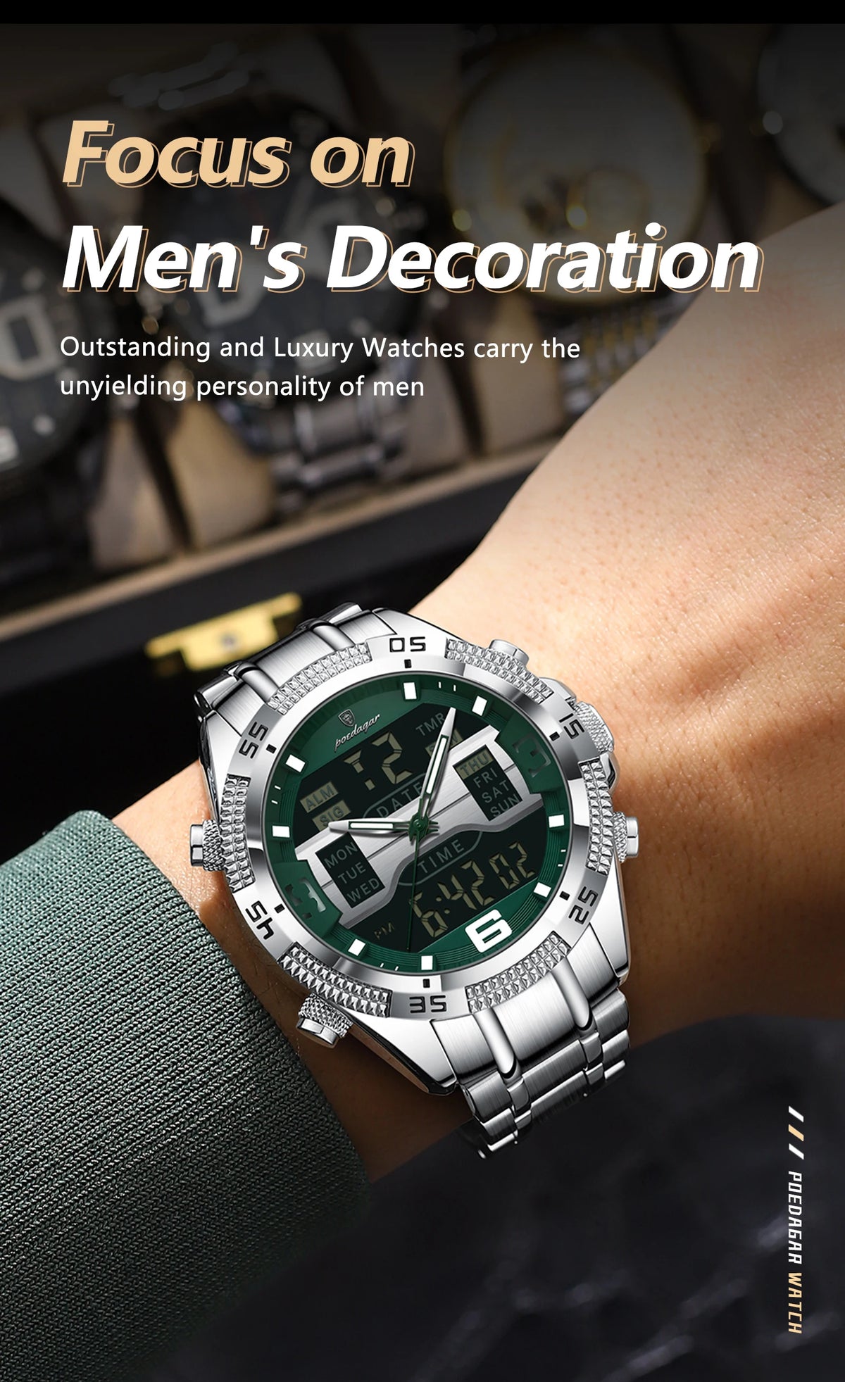 Poedagar led relógio de luxo masculino esportes dupla exibição tempo digital luminoso semana data homem relógio de pulso eletrônico quartzo relógios masculinos