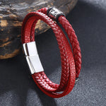 Moda pulseiras de couro vermelho masculino aço inoxidável multicamadas trançado corda pulseiras para mulheres pulseira jóias presentes sp1076