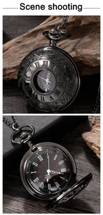 Relógio de bolso Steampunk com corrente para homens e mulheres, colar com pingente, charme vintage, preto, número romano, quartzo, moda unissex, presente