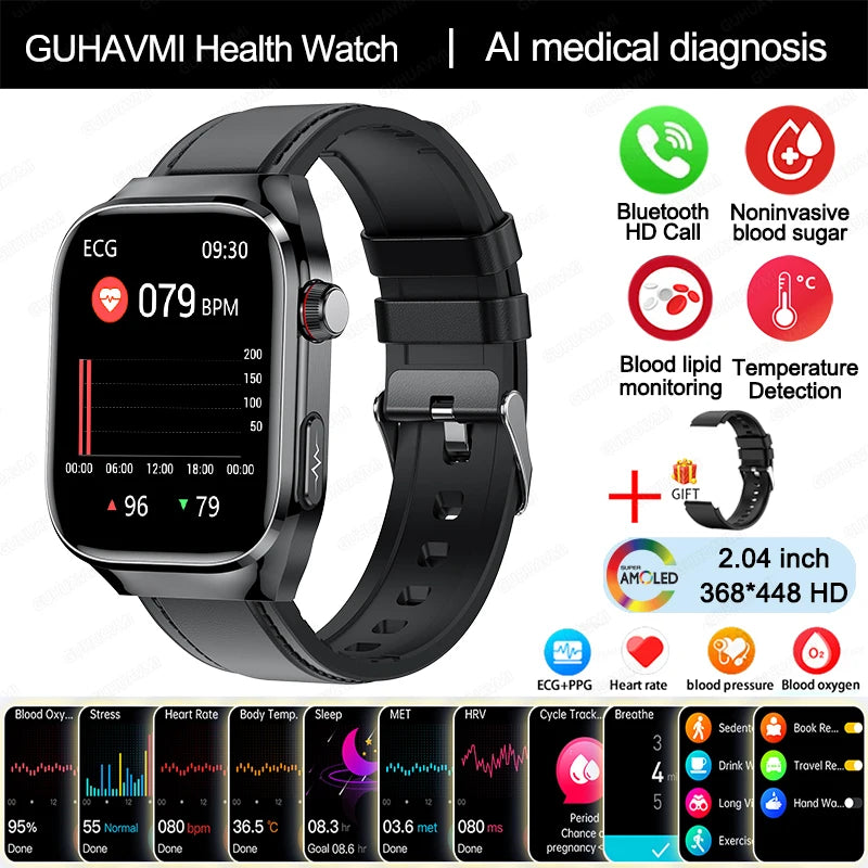 2024 novo grau médico ácido úrico gordura no sangue smartwatch ecg glicose no sangue freqüência cardíaca pressão arterial monitoramento de saúde relógio inteligente